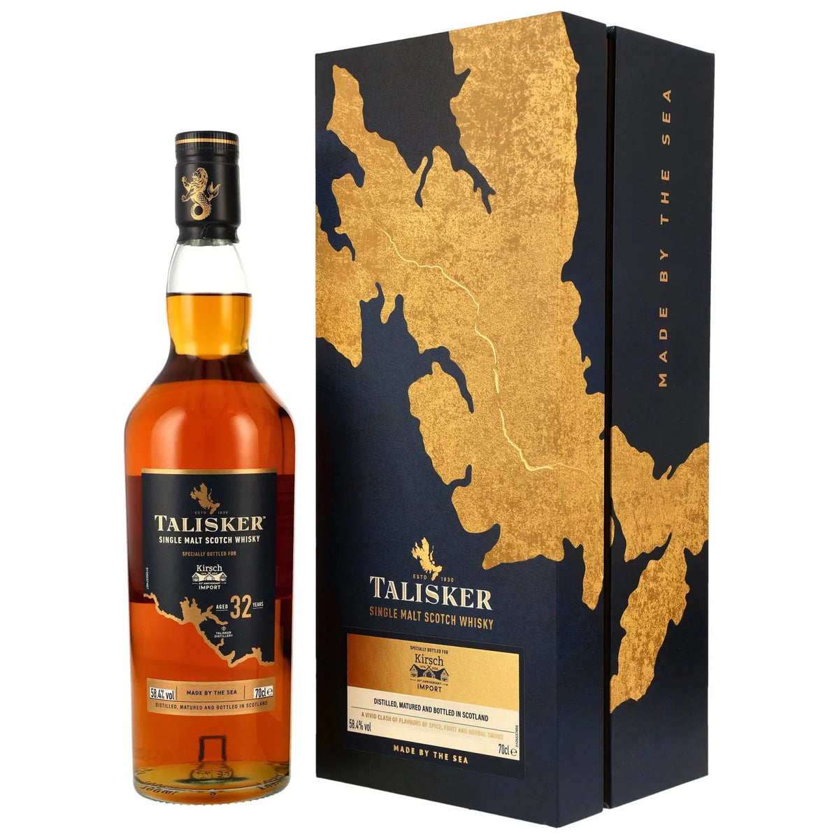 Talisker 32 Jahre 1993/2026 – Whiskyflasche und schwarz-goldene Geschenkverpackung zum Kirsch-Import-Jubiläum
