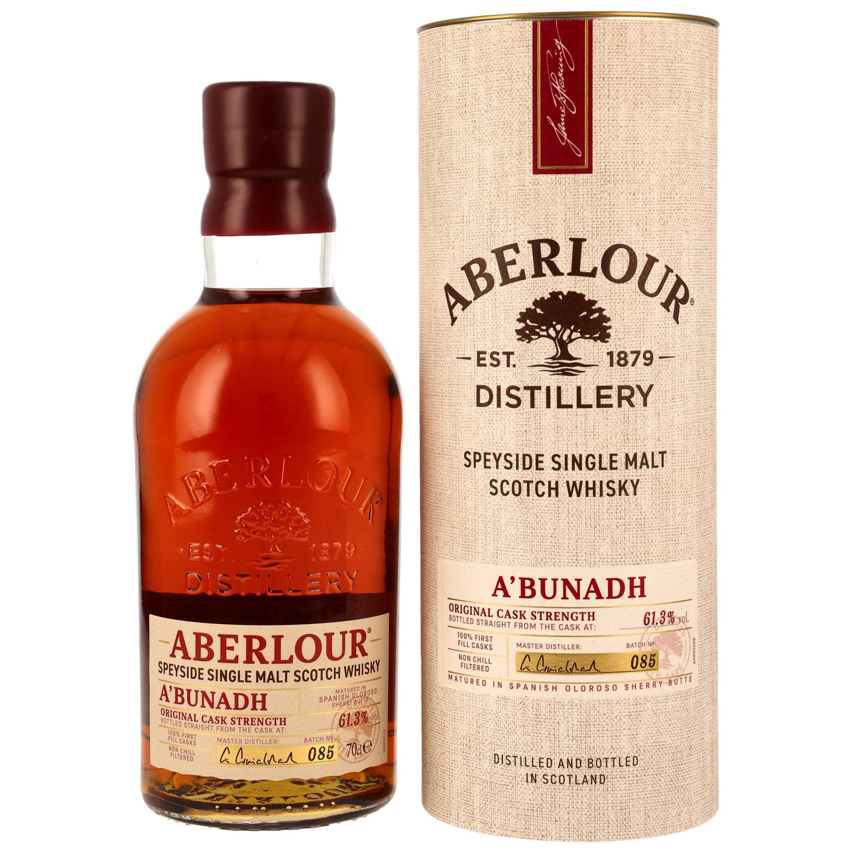 Aberlour A'bunadh Batch 085 61,3 % Flasche und Tube Vorderseite