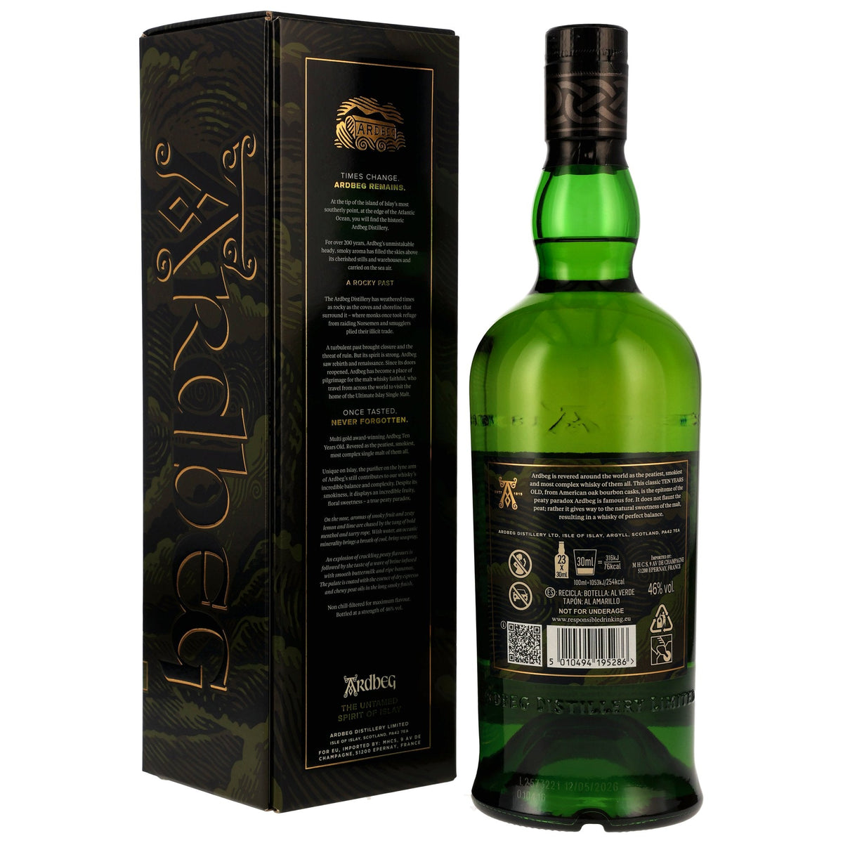 Ardbeg Ten 10 Jahre 46 % neue Ausstattung mit Geschenkverpackung Rückseite