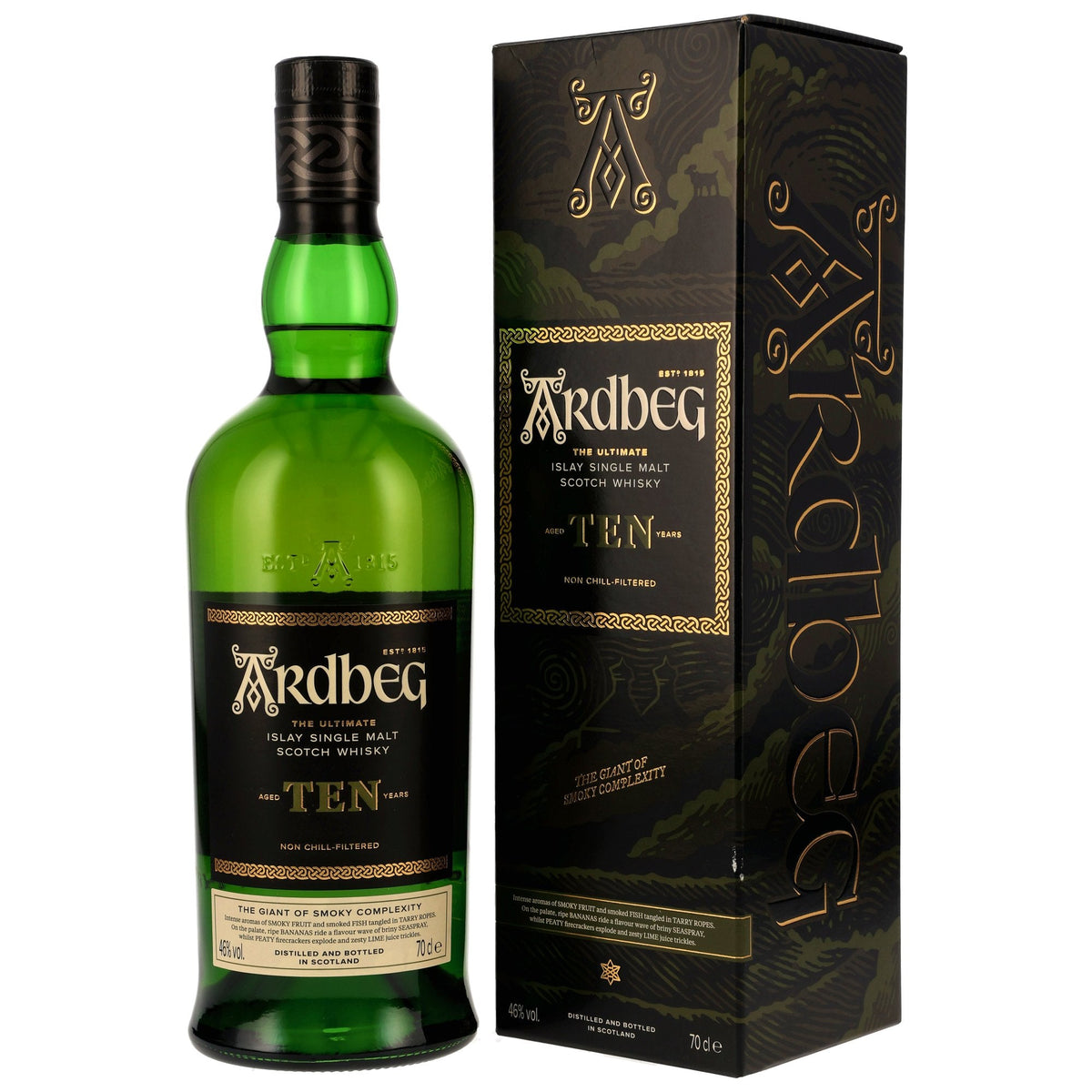 Ardbeg Ten 10 Jahre 46 % neue Ausstattung mit Geschenkverpackung Vorderseite