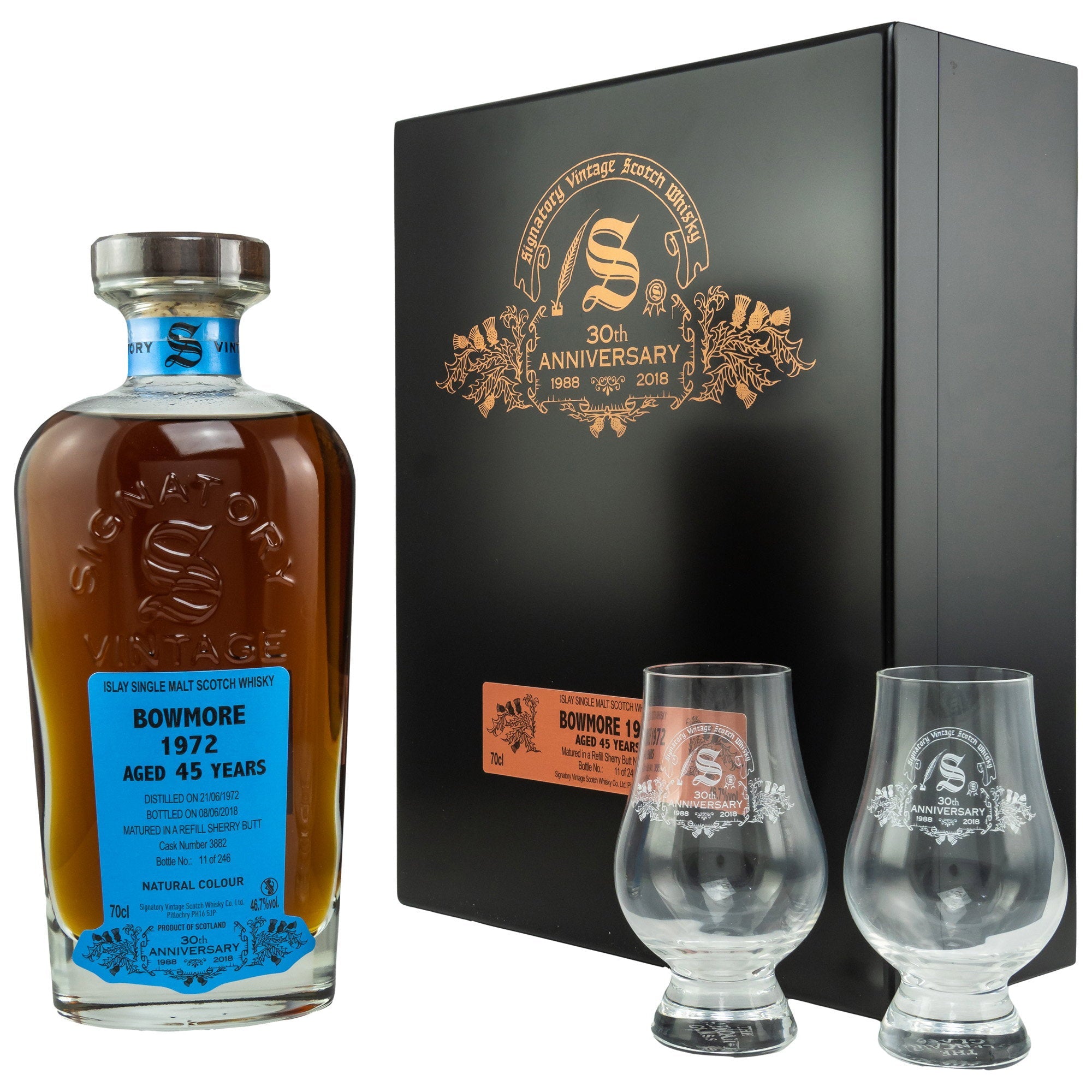 Bowmore 1972/2018 46 Jahre Signatory 30th Anniversary 46,7% vol. 700ml mit 2 Gläsern
