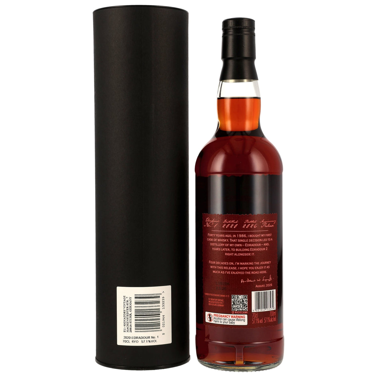Edradour No.1 2020/2026 6 Jahre PX Sherry Anniversary Release 57,1% vol. 700ml – Rückansicht und Etikett