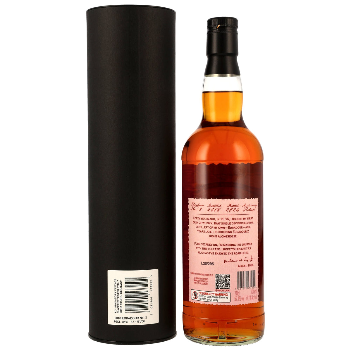 Edradour No.2 2018/2026 8 Jahre Châteauneuf-du-Pape Anniversary Release 57,1% vol. 700ml – Rückansicht und Etikett