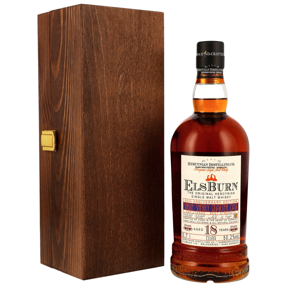Elsburn 2008/2026 18 Jahre Single Sherry Quarter Cask 50,2% vol. 700ml – Rückansicht und Etikett