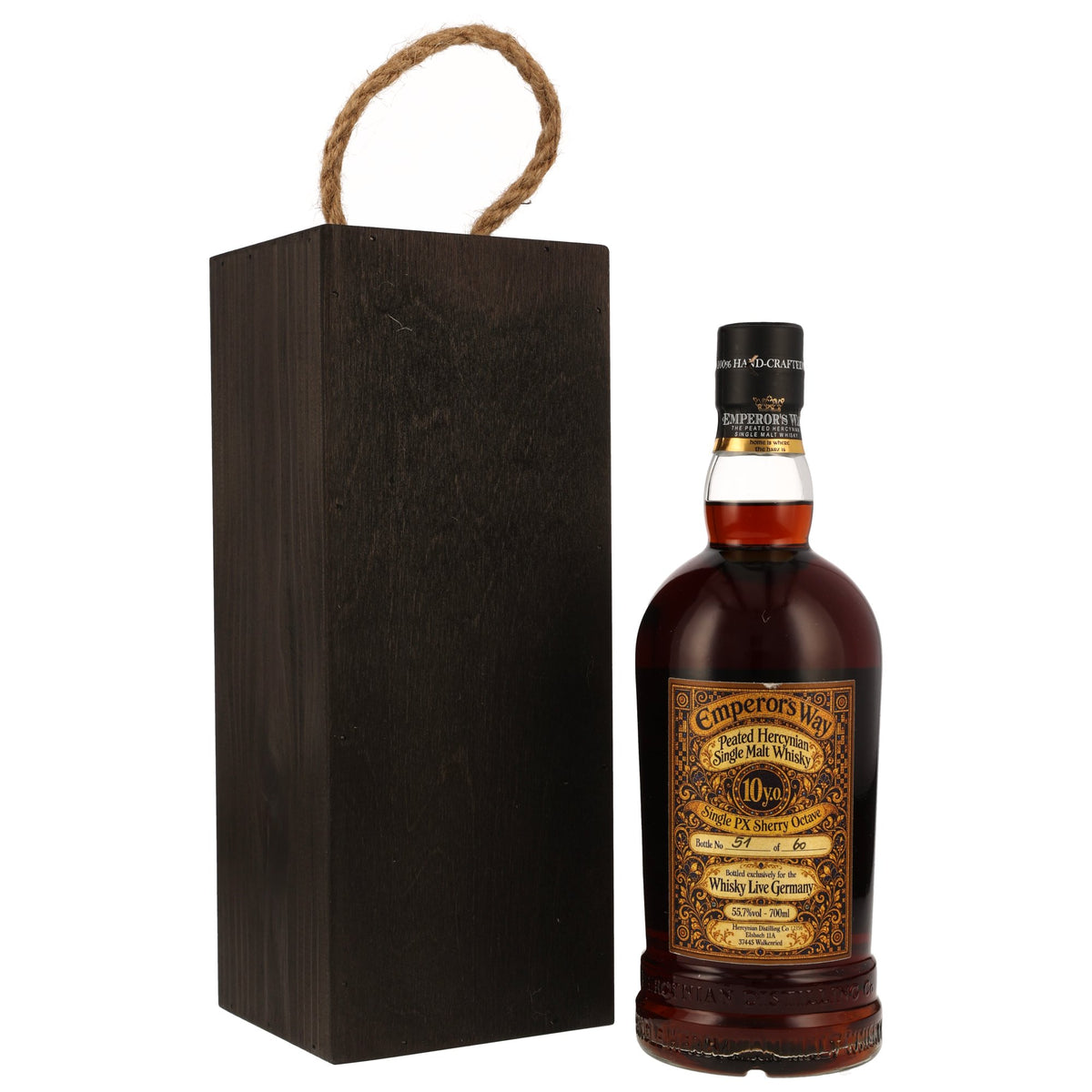Emperor’s Way 10 Jahre Peated PX Sherry Octave Whisky Live Germany 55,7% vol. 700ml – Rückansicht und Etikett