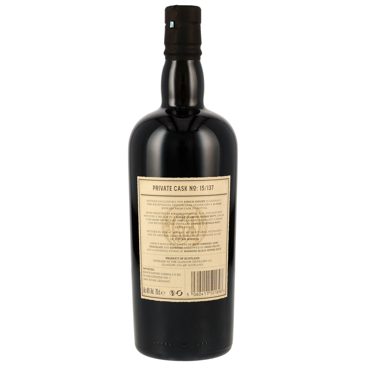 Glasgow 1770 2015/2026 10 Jahre Oloroso Sherry Butt #15/137 46% vol. 700ml – Rückansicht und Etikett