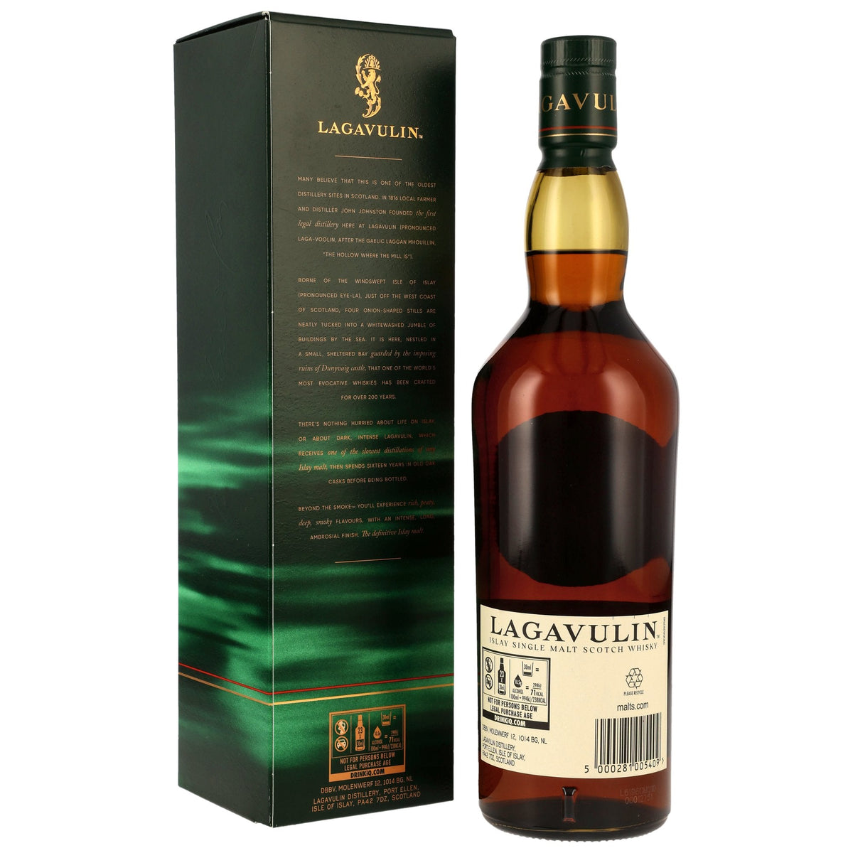Lagavulin 16 Jahre 43 % neue Ausstattung Flasche und Geschenkverpackung Rückseite