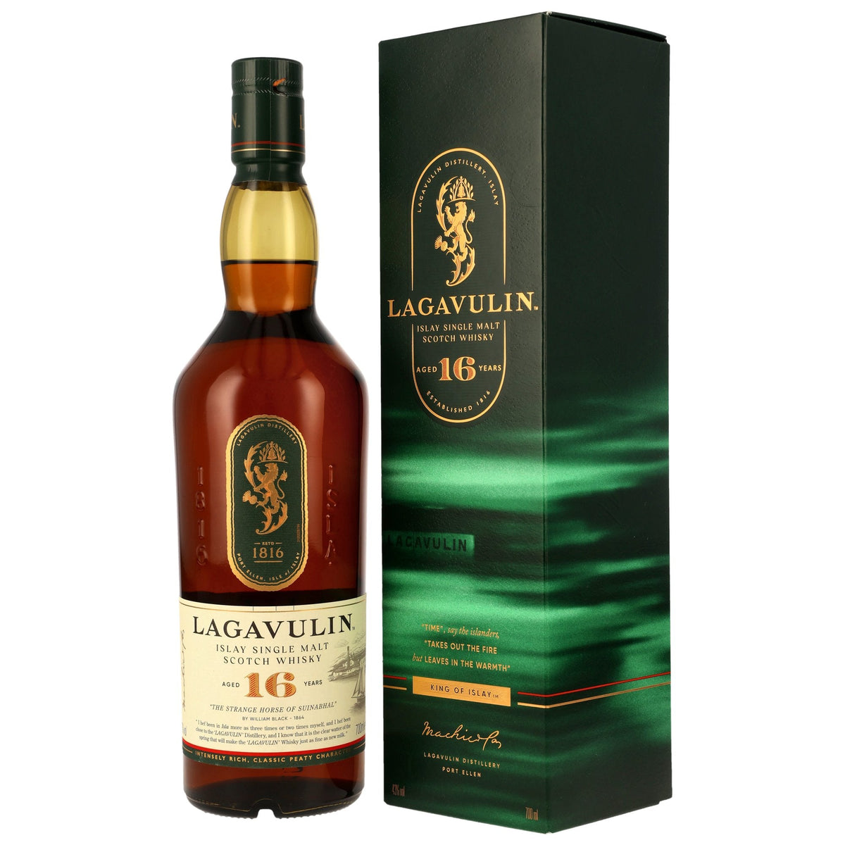 Lagavulin 16 Jahre 43 % neue Ausstattung Flasche und Geschenkverpackung Vorderseite