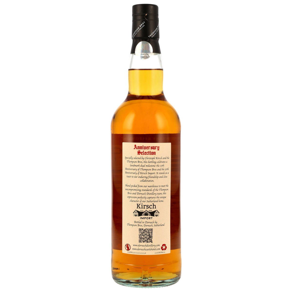 Longmorn 1985/2026 41 Jahre Refill Bourbon Cask #6418 Thompson Bros. 41,2% vol. 700ml – Rückansicht und Etikett