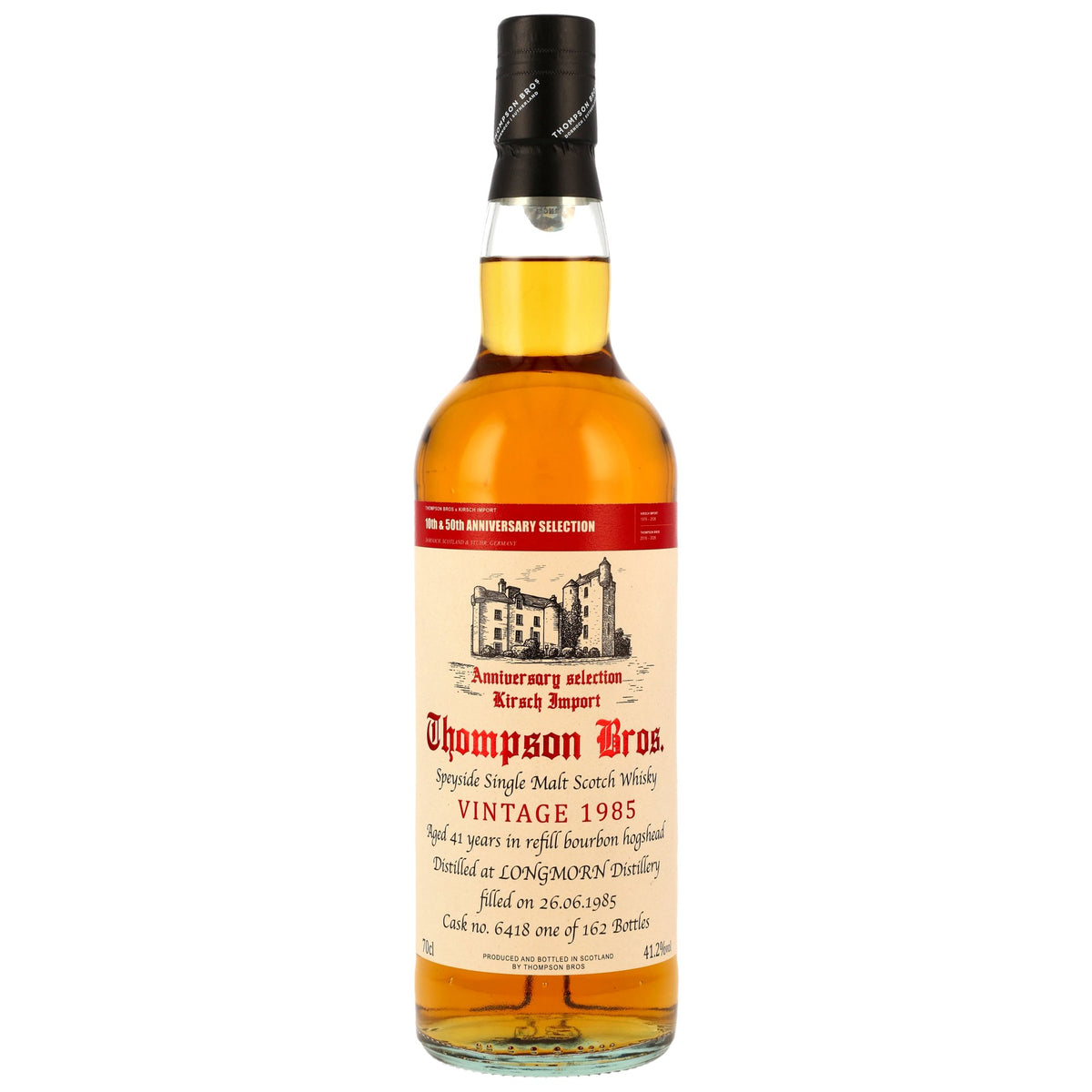 Longmorn 1985/2026 41 Jahre Refill Bourbon Cask #6418 Thompson Bros. 41,2% vol. 700ml – Vorderansicht