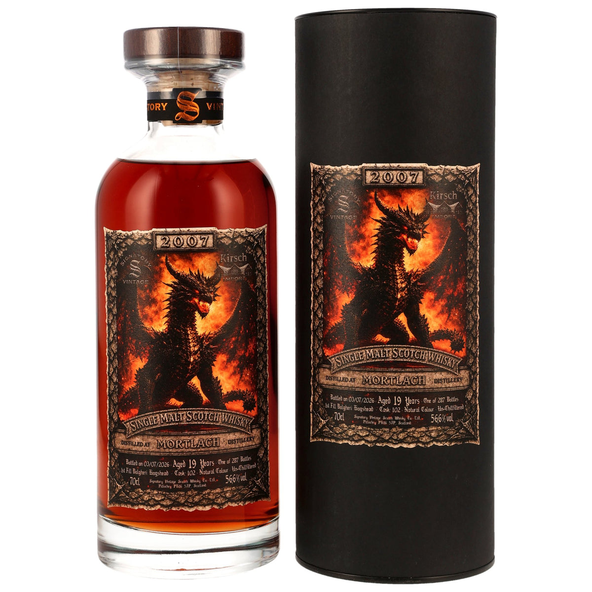 Mortlach 2007/2026 19 Jahre First Fill Bolgheri #102 Signatory Kirsch Dragon 56,6% vol. 700ml – Vorderansicht
