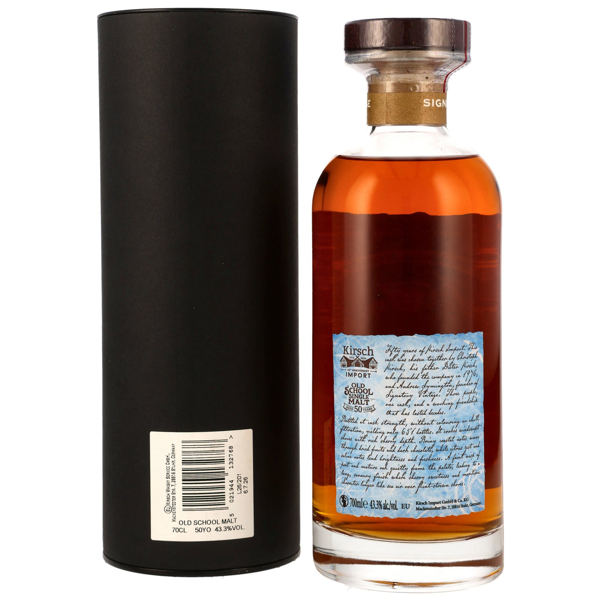 Old School Single Malt 1976/2026 50 Jahre Signatory Vintage 43,3% vol. 700ml – Rückansicht und Etikett